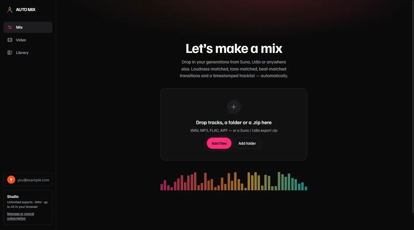 The Mix page: a large drop zone reading “Drop tracks, a folder or a .zip here”, with Add files and Add folder buttons.